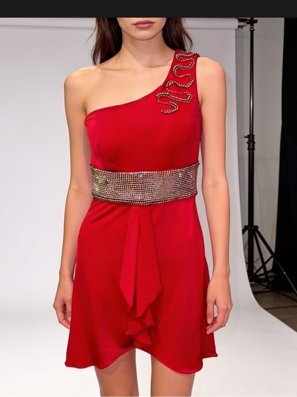 NWD KIMIKAL hot pink one shoulder rhinestone embellished dress S